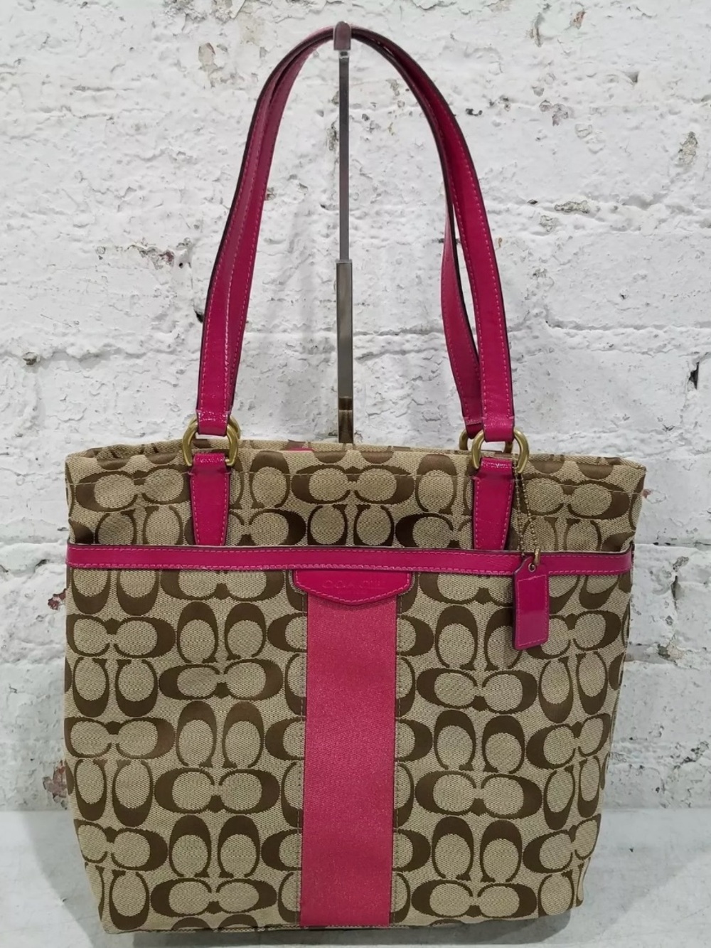 Coach Signature Canvas Tote with Hot Pink Trim